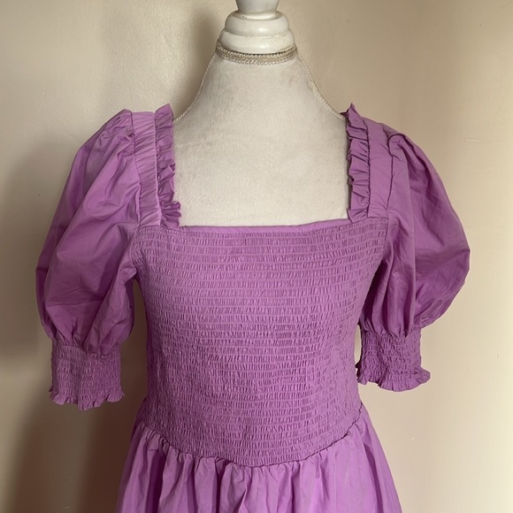 1.State Adorable Cotton Lilac Puff Sleeve Mini Dress with Smocked Bodice Size L - Picture 4 of 10